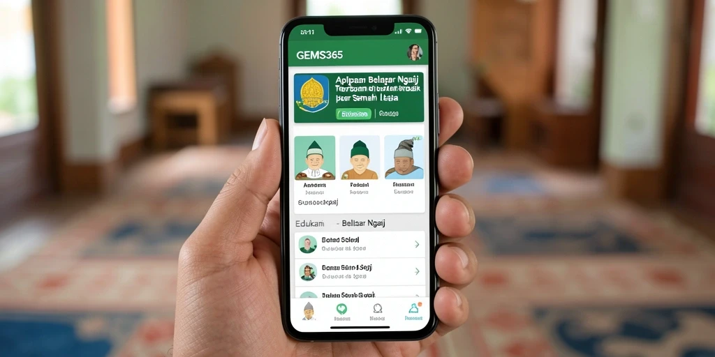 Antarmuka aplikasi GEMS365 untuk belajar ngaji dengan fungsi interaktif.